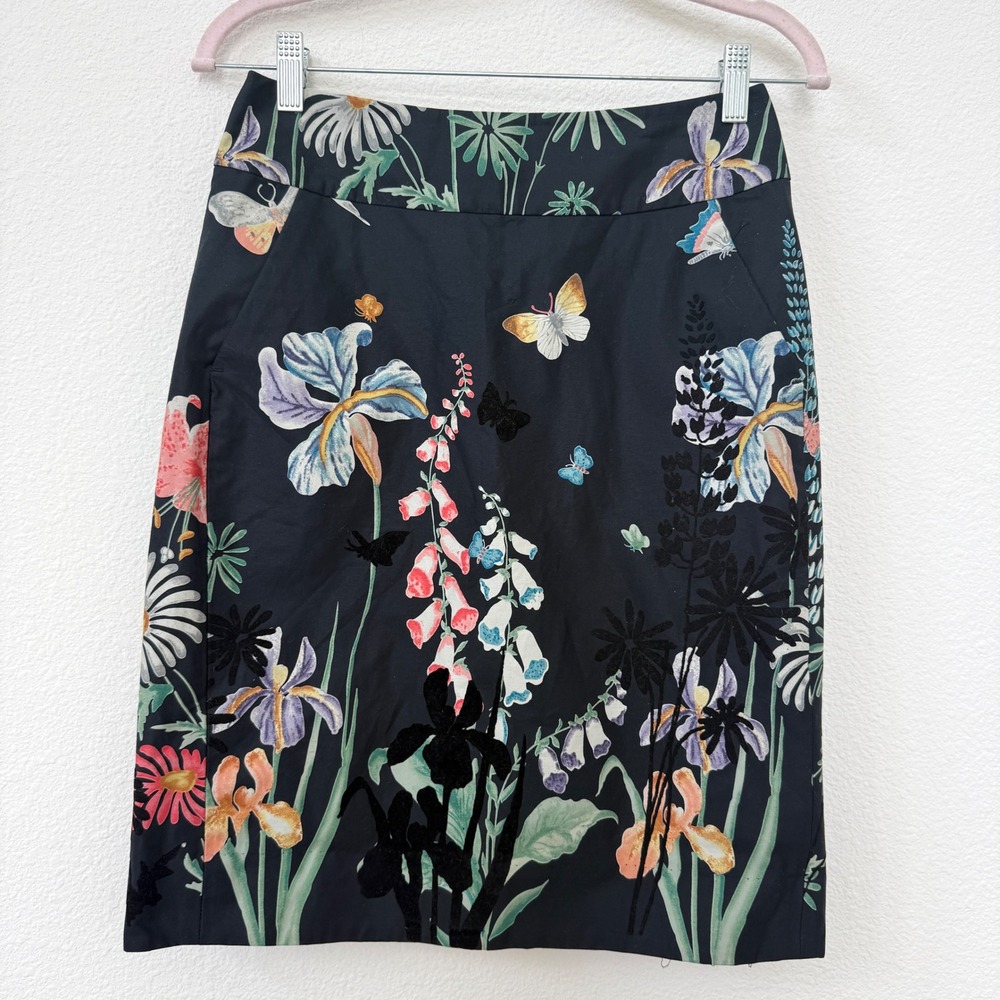 Leifsdottir Anthropologie Floral Butterfly Garden Pencil Skirt Black Cotton 2